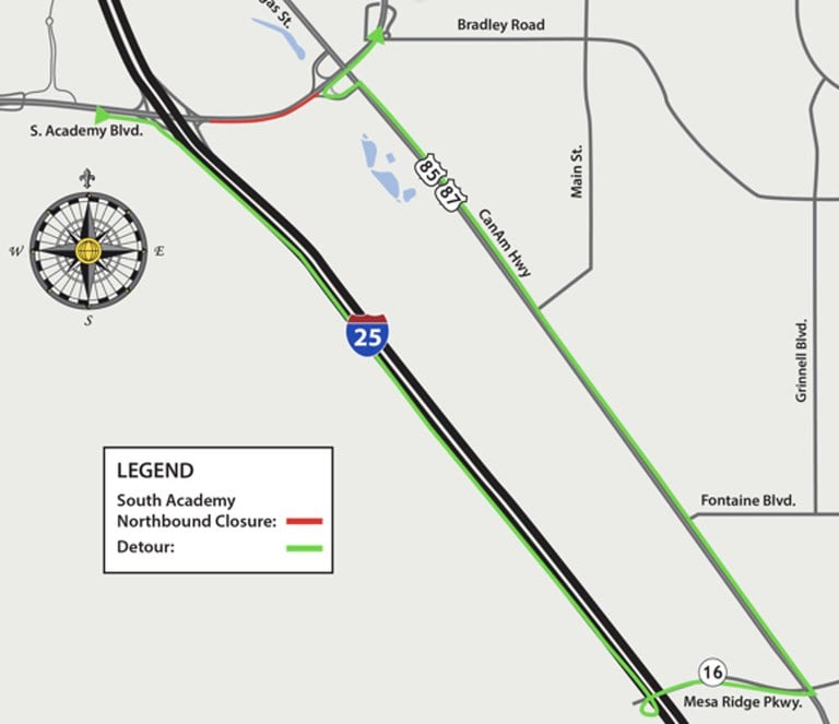 Detour map of full closure of northbound South Academy Boulevard between I-25 and US 85/87