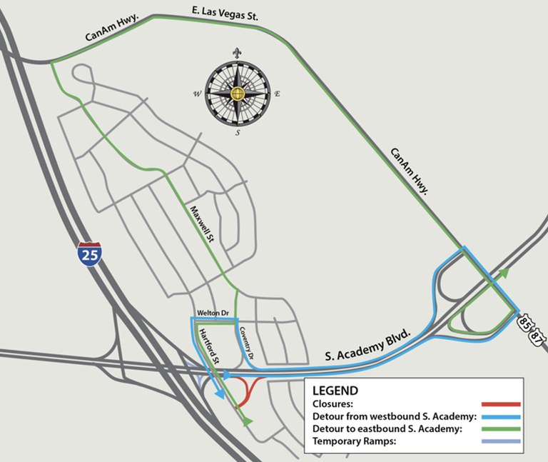 Detour map for closure of the on-ramp from Hartford Street to northbound South Academy Boulevard