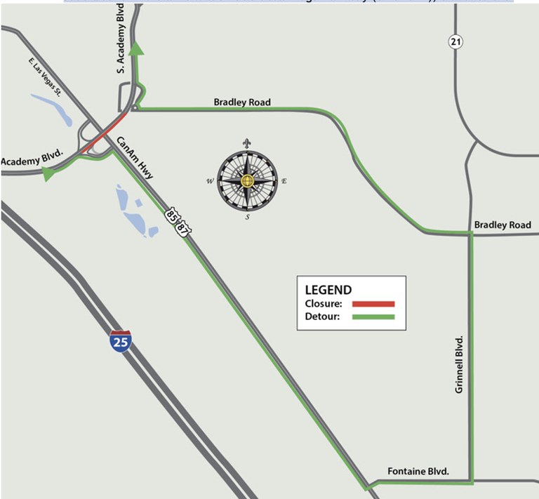 Map of Northbound South Academy Boulevard closure at US 85/87