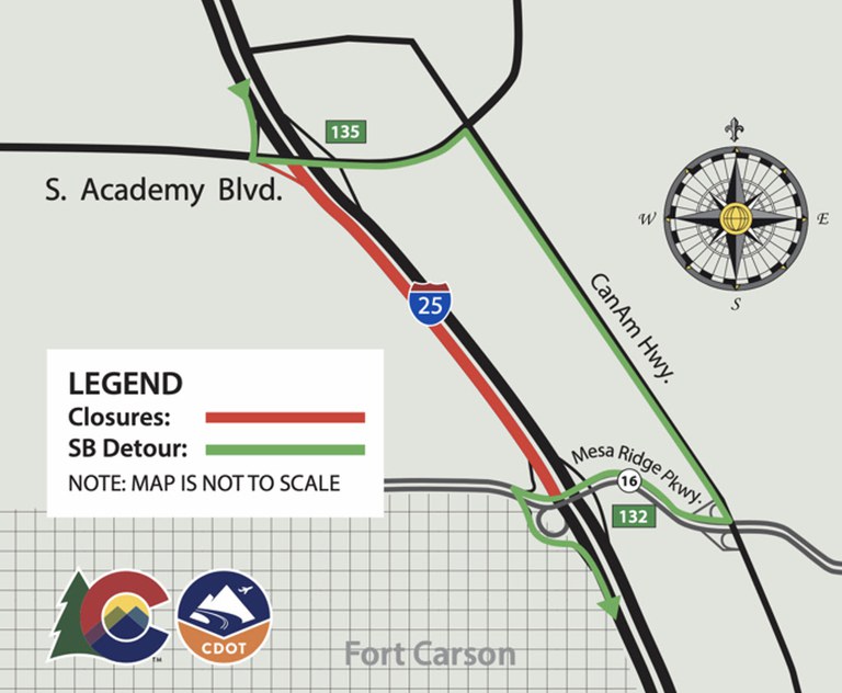 Detour map for southbound I-25 closure from Academy to Mesa Ridge Parkway 
