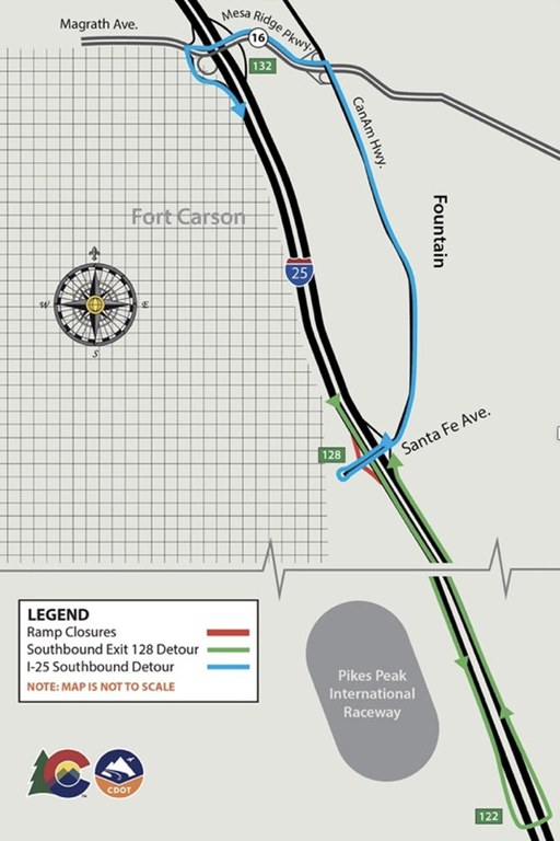Detour map for southbound I-25 on- and off-ramp and right lane closures