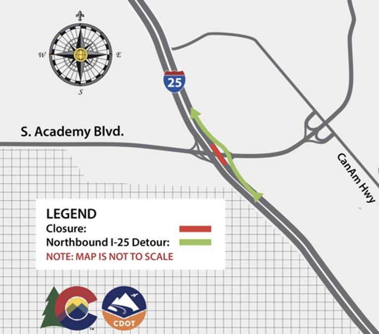 Detour map to re-route traffic on northbound I-25 using South Academy Boulevard ramps on Sept. 30, 2024