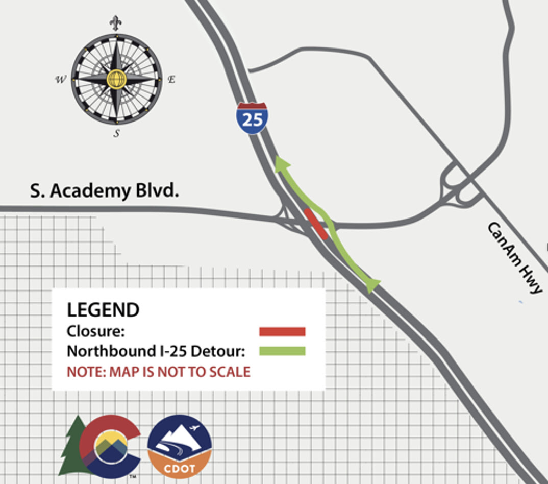 Detour map to re-route traffic on northbound I-25 using South Academy Boulevard ramps 09302024.jpg detail image