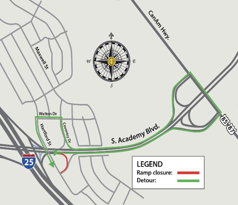 Detour map for closure at South Academy Boulevard off-ramp to southbound Hartford Street