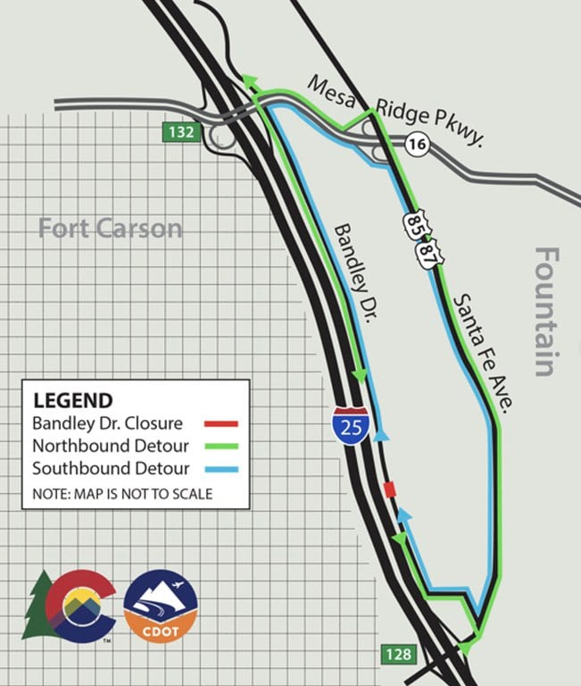 Detour map for Bandley Drive closure between Santa Fe Avenue and Mesa Ridge Parkway