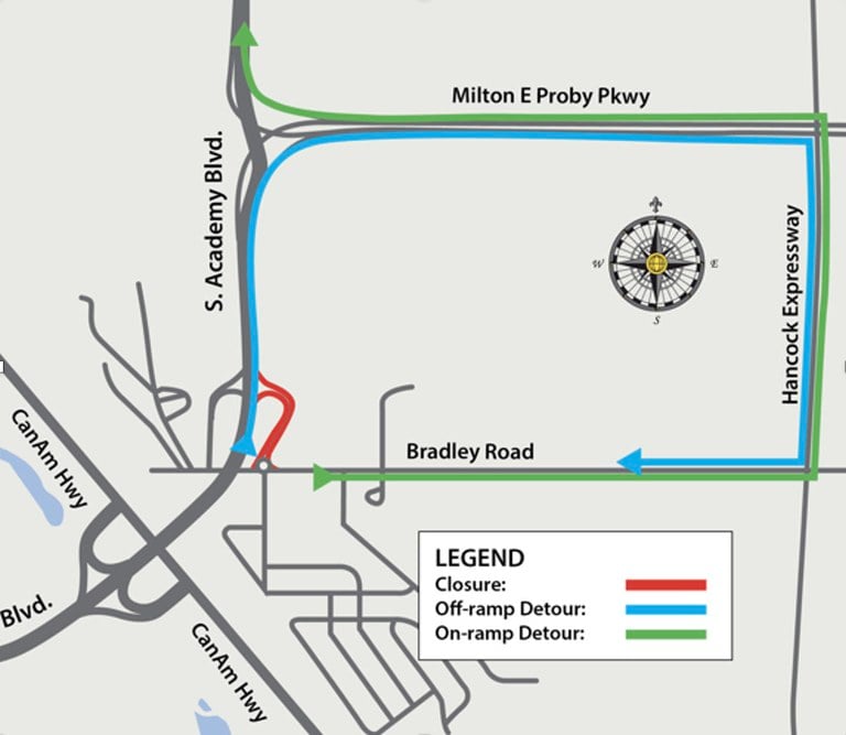 Detour map for Bradley Road on- and off-ramps to northbound South Academy Boulevard closure