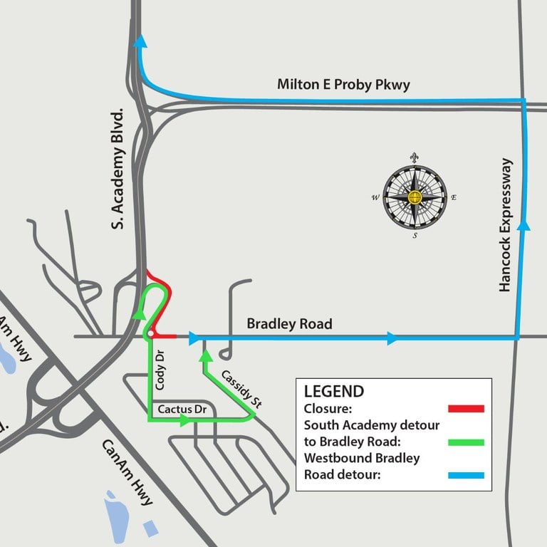 Detour map of closure of the eastern half of the Bradley Road roundabout near South Academy Boulevard