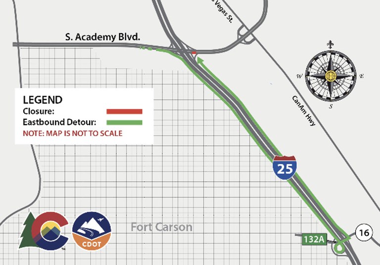 Detour map for closure of eastbound South Academy Boulevard west of the northbound I-25 off-ramp 