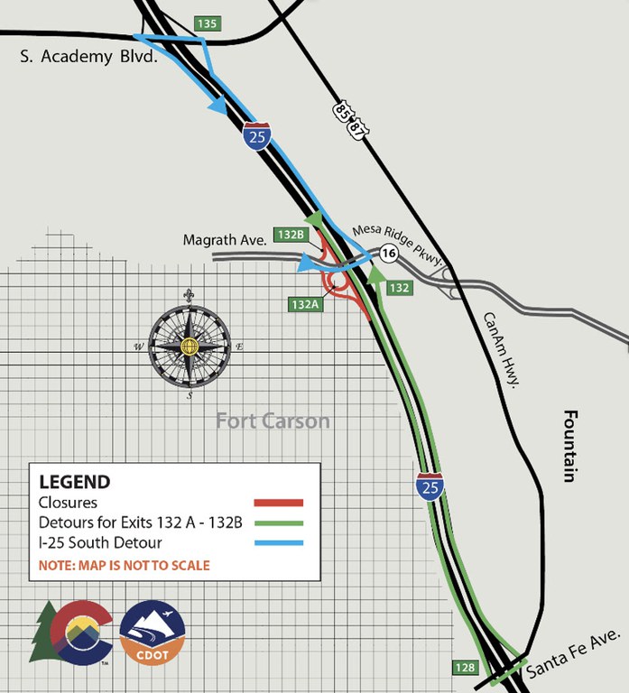 Detour map for I-25 ramp closure closures near Fort Carson Gate 20