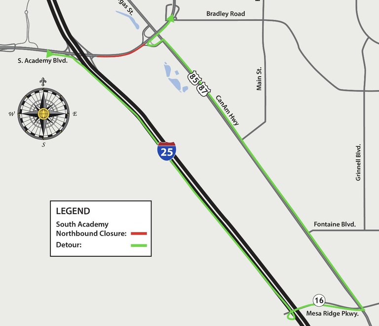 Detour map for northbound South Academy Boulevard closure between I-25 and US 85/87