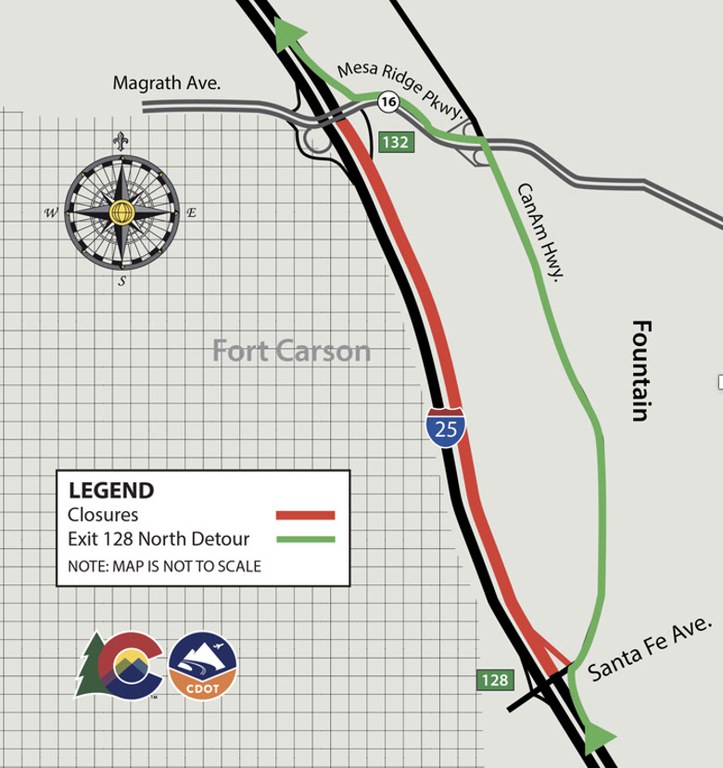 Detour map for northbound I-25 closure from Santa Fe to Mesa Ridge Parkway 