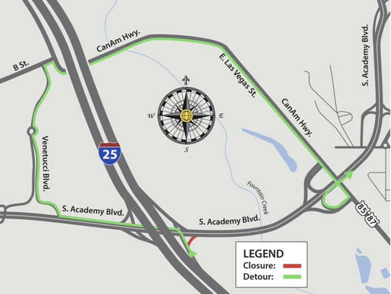 Detour map for overnight northbound I-25 off-ramp closures to northbound South Academy Boulevard