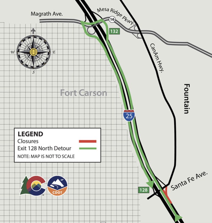 Detour map of northbound I-25 off-ramp closure