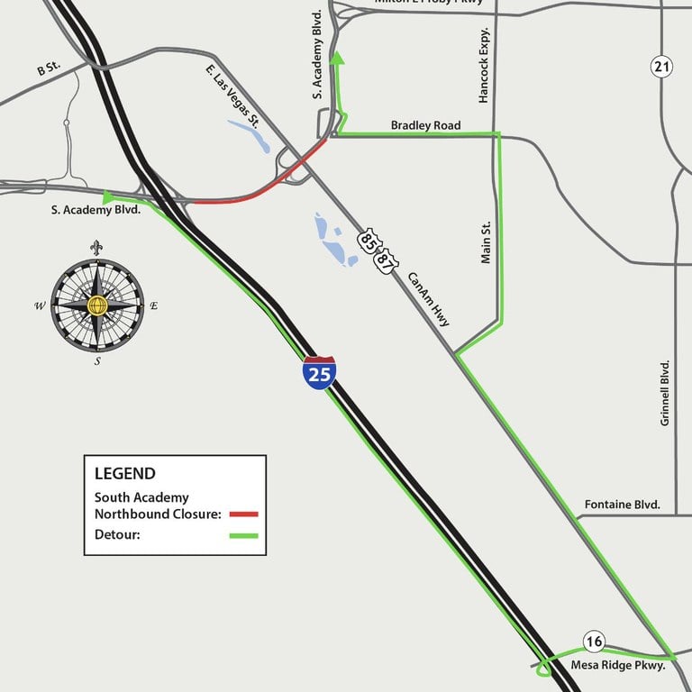 Detour map for closure at northbound South Academy Boulevard between I-25 and US 85/87 