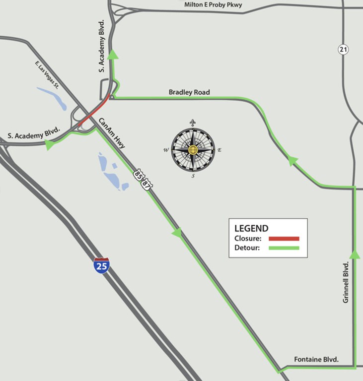 Detour map for closure at northbound South Academy Boulevard between US 85/87 and Bradley Road