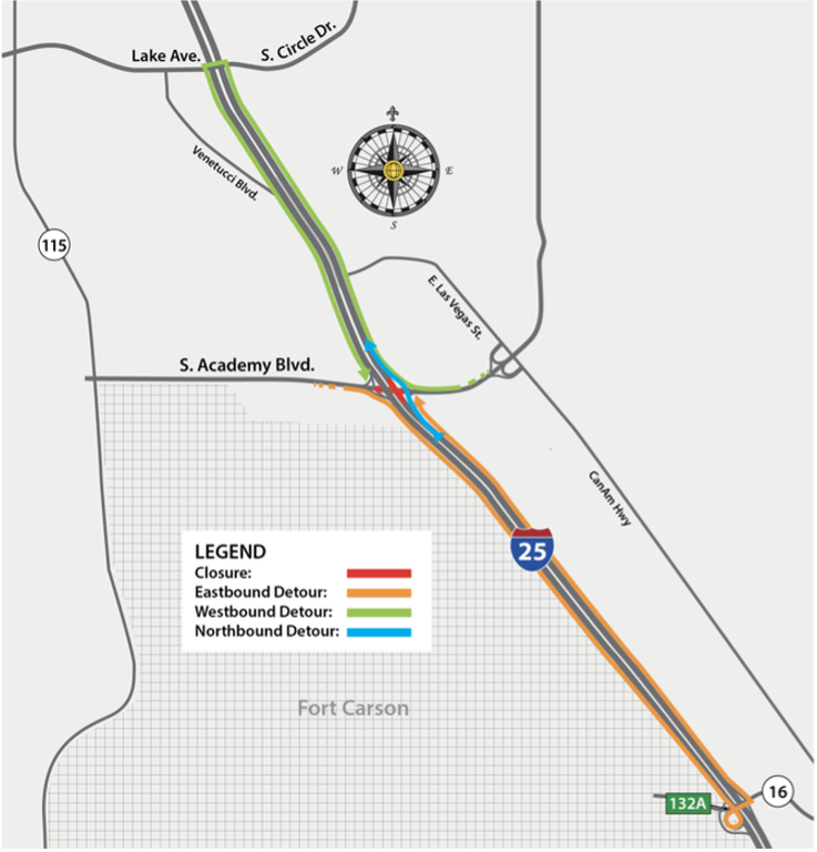 Detour Map of East- and Westbound South Academy Boulevard on I-25
