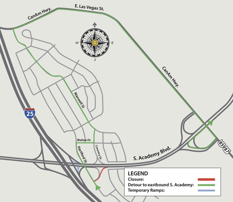 Detour map for closure on South Academy Boulevard on-ramp from Hartford Street 