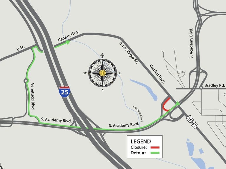 Detour map for southbound South Academy Boulevard off-ramp to US 85/87