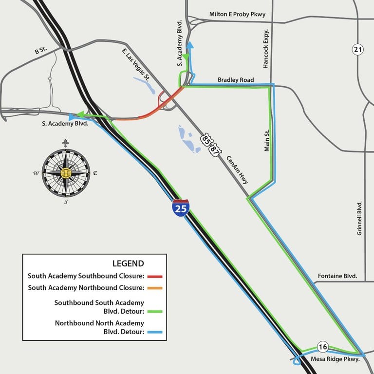 Detour map for closure of southbound South Academy Boulevard between Bradley Road and Fountain Creek