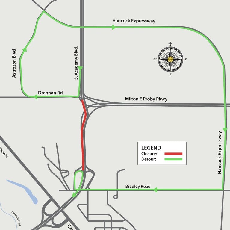 Detour map for closure of southbound South Academy Boulevard between Bradley Road and Milton Proby Parkway