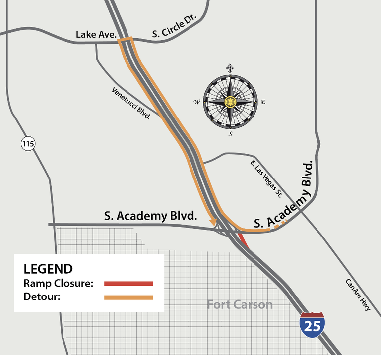 I-25 South Academy Boulevard off-ramp closure detour map