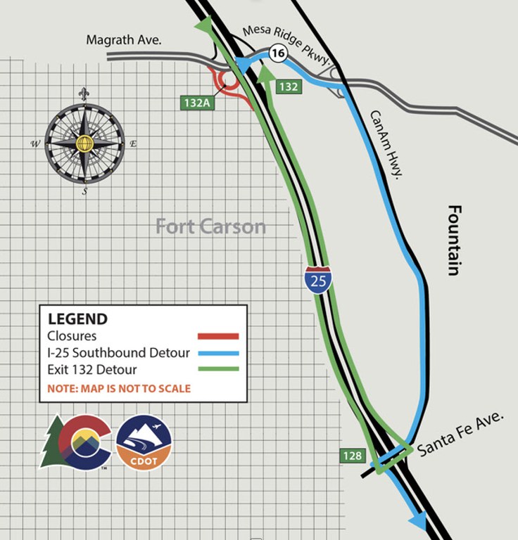 Detour map for southbound I-25 on- and off-ramp closure at Mesa Ridge Parkway