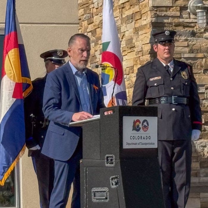 CDOT Deputy Executive Director Herman Stockinger addresses the crowd at the MAMSIP I-25 Safety and Efficiency Project ribbon cutting on Oct. 8. 