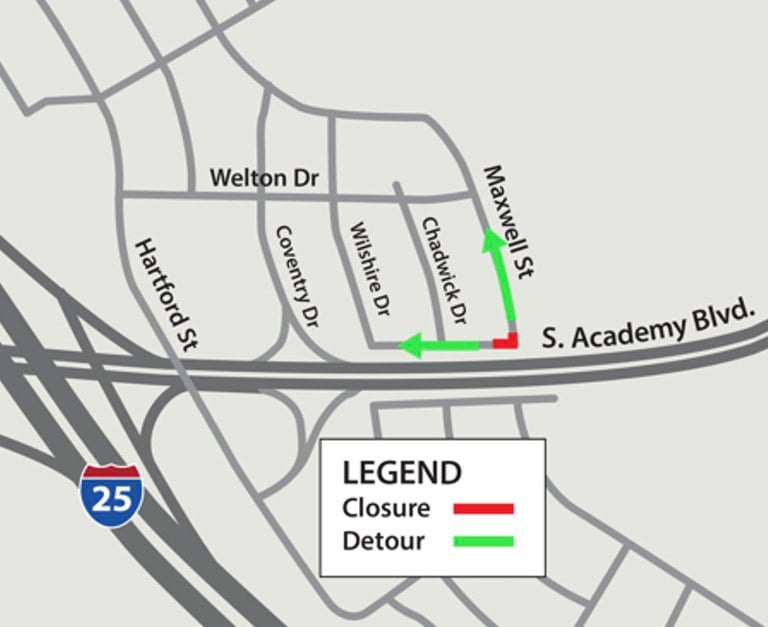 Detour for closures of Maxwell Street near South Academy Boulevard