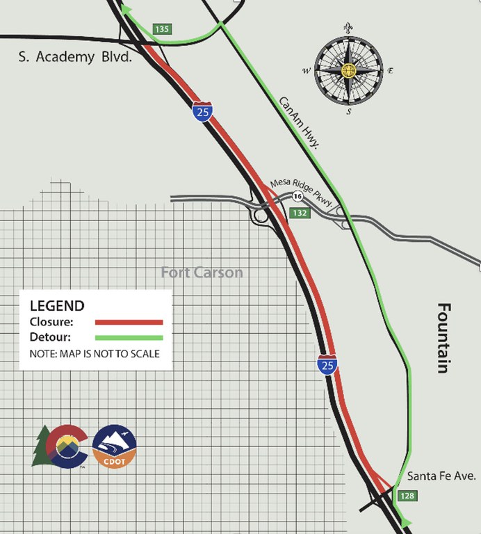 Detour map of closure of northbound I-25 between Santa Fe Avenue and South Academy Boulevard