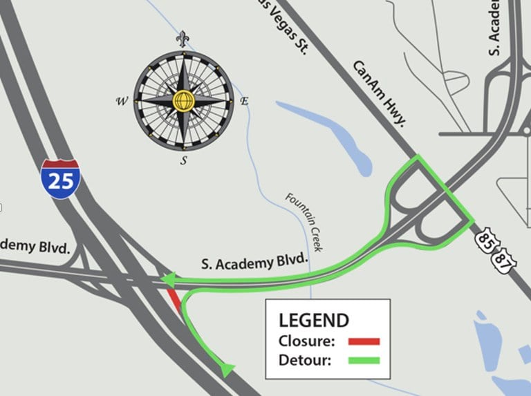 Detour map of full closure of the northbound I-25 off-ramp left turn lanes to westbound South Academy Boulevard