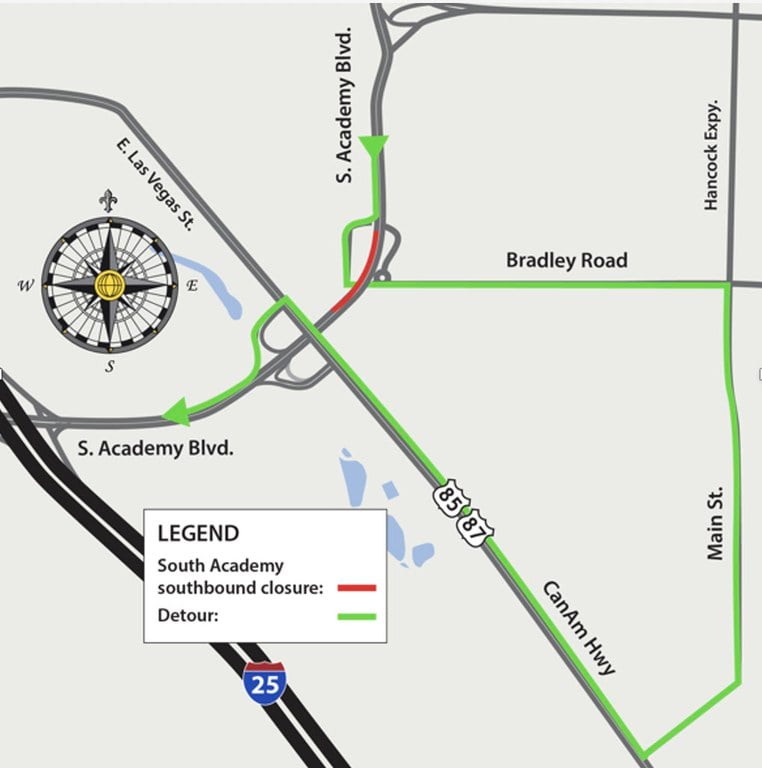 Map of detour for full closure of southbound South Academy Boulevard over Bradley Road