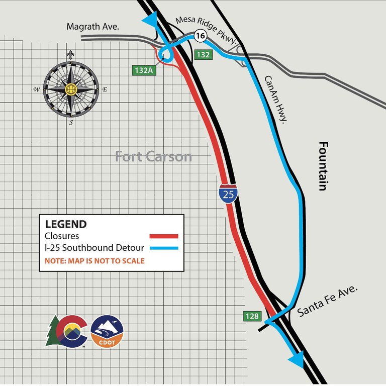 Detour map - southbound I-25 closure between Mesa Ridge Parkway and Santa Fe