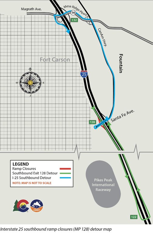 Interstate 25 southbound ramp closures (Mile Point 128) detour map