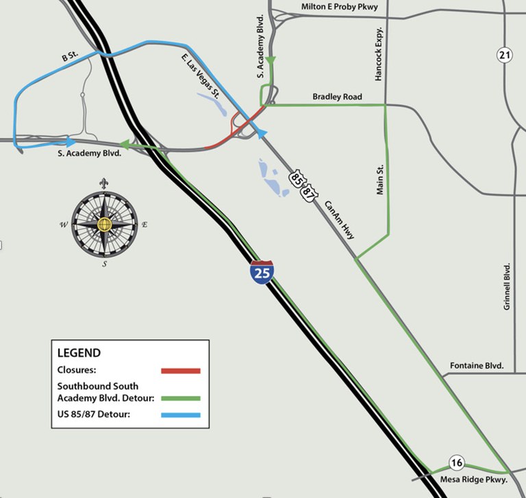 Detour map for closure of southbound South Academy Boulevard between Bradley Road and Fountain Creek