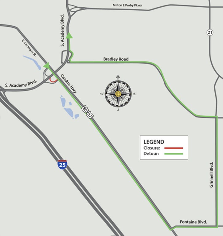 Detour map for closure of the northbound South Academy Boulevard on-ramp from US 85/87