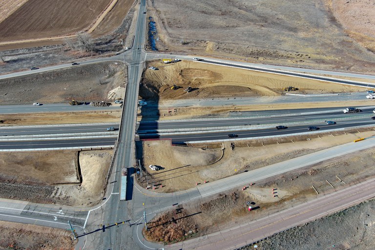 Bird's eye view of on County Road 32 and its construction and traffic by I-25