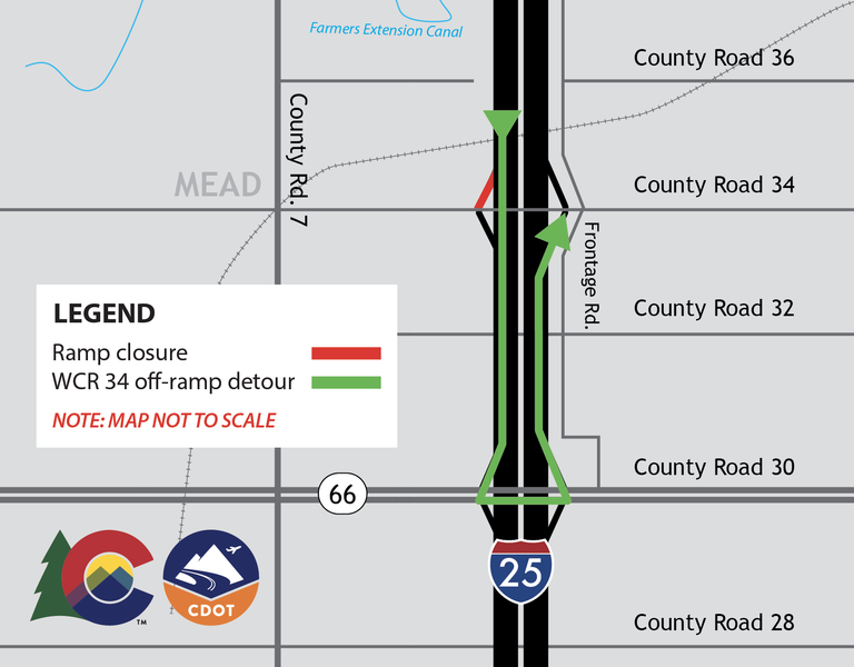 MHT 10 I-25 Southbound WCR 34 off-ramp closure map