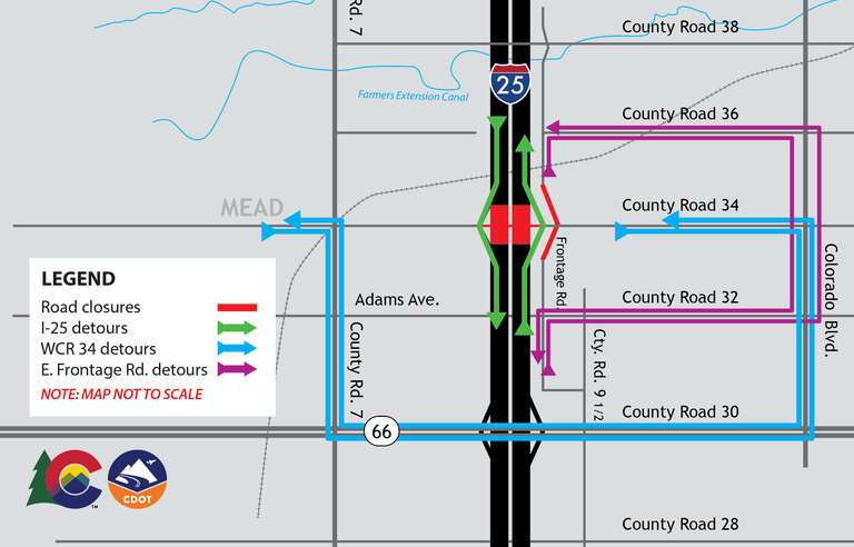 MHT 39 I-25 WCR 34 East Frontage Road Closure map in March 2025