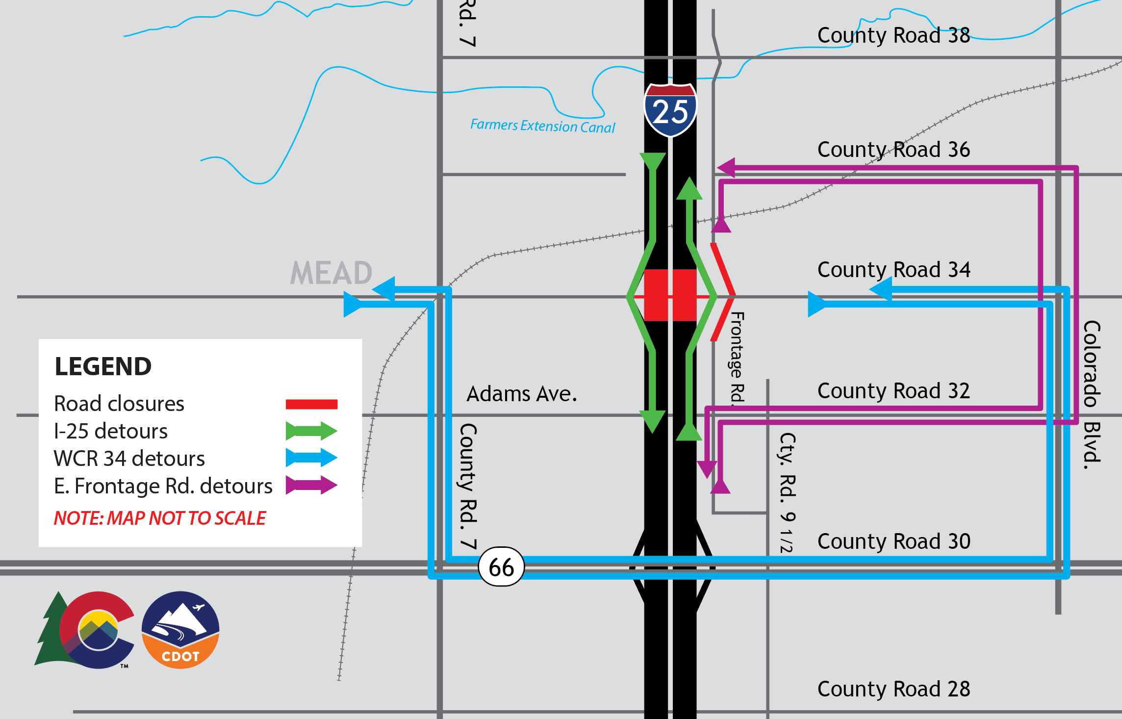 MHT 39 I-25 WCR34 East Frontage Road Map March 2025 detail image