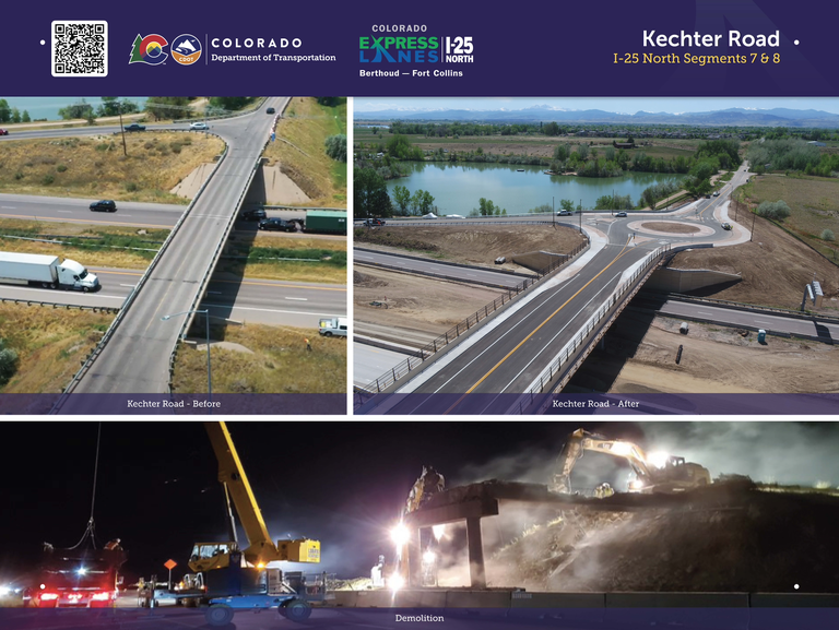 An image of Ketcher Road, located in the I-25 North Segments 7 and 8 of the project. A series of images show the project before, during the demolition and after the completion.