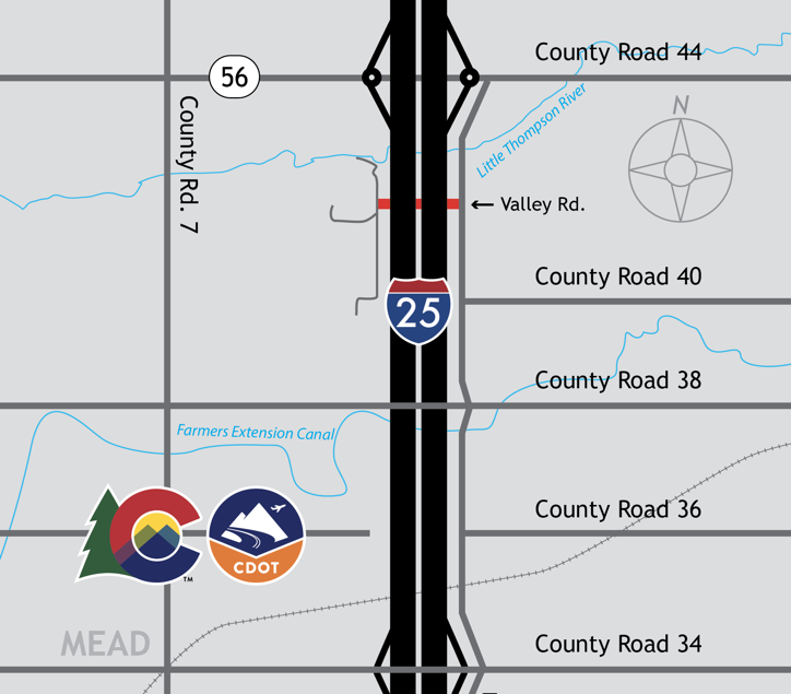 Map of the full closure of Valley Road under I-25