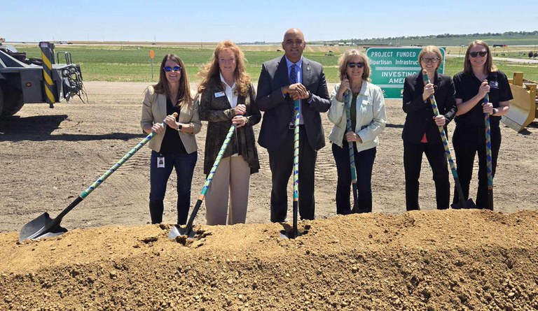 I-25 North Express Lane: Mead to Berthoud Start of Project Celebration. From left: Heather Paddock, Colleen Witlow, Shailen Bhatt, State Sen. Barb Kirkmeyer, Shoshana Lew and Abra Geisler, project director for North I-25.