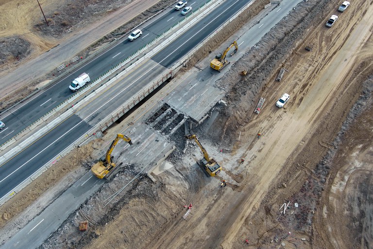 Aerial view of I-25 and the Valley Road Bridge work undergoing construction updates.