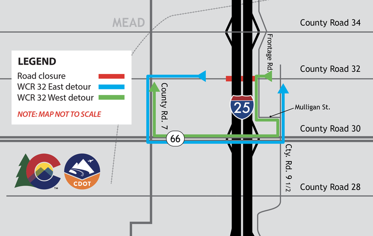 Map of the full closure of WCR 32 under I-25.