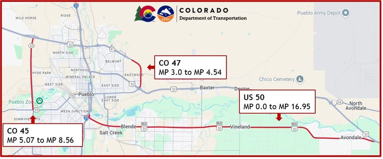 Map identifying the areas pavement striping will occur in Pueblo