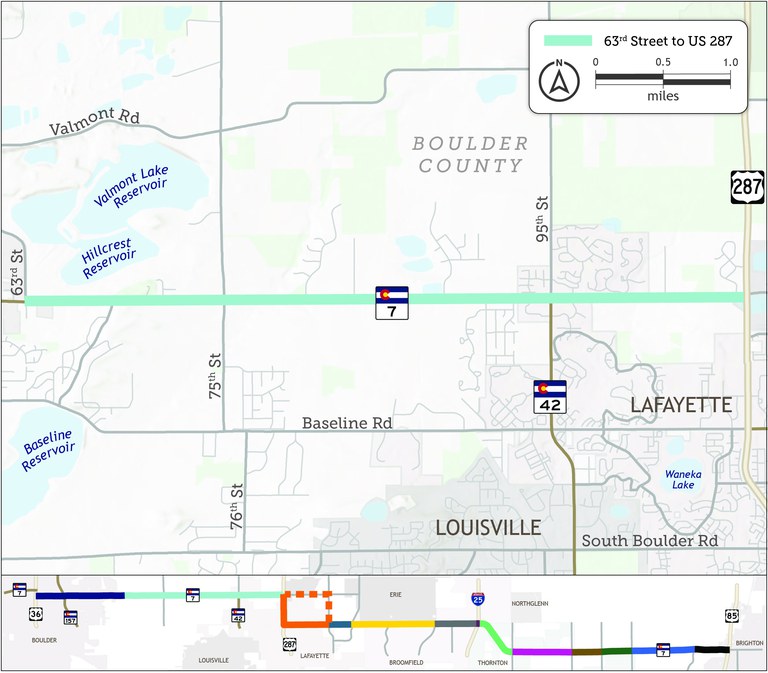 Image of CO 7 corridor between Brighton and Boulder. The map illustrates segment B of CO 7 between 63rd Street and US 287.