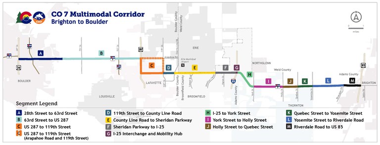 ​The CO7 Corridor project map showing project segments from A through M color edit