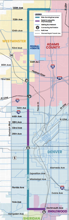 Map of the Federal Boulevard BRT project showing areas where side-running bus rapid transit and speed and reliability improvements will be made