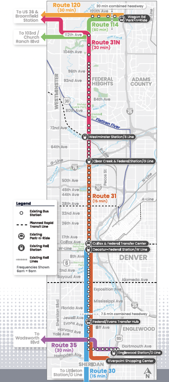Map shows RTD’s planned bus routes and frequencies included in their System Optimization Plan (SOP). The SOP was adopted by the RTD Board of Directors and is RTD’s plan for service in 2027. The plan includes three routes along Federal Boulevard. The first route connects the G Line to 112th Avenue. The second route connects the G Line to Hampden Avenue and the third route connects Colfax Avenue and the W Line to Littleton.