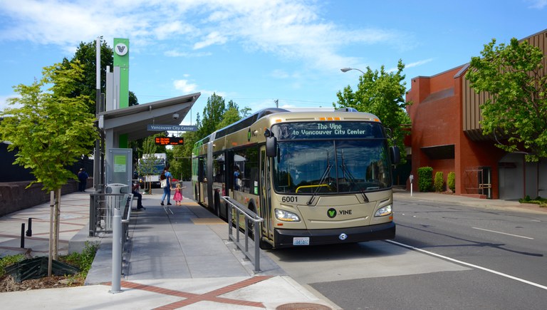 Bus rapid transit shelter in Vancouver, Washington. Many shelter amenities are shown, including real-time schedule information, benches, accessible seating and boarding, among other amenities. 